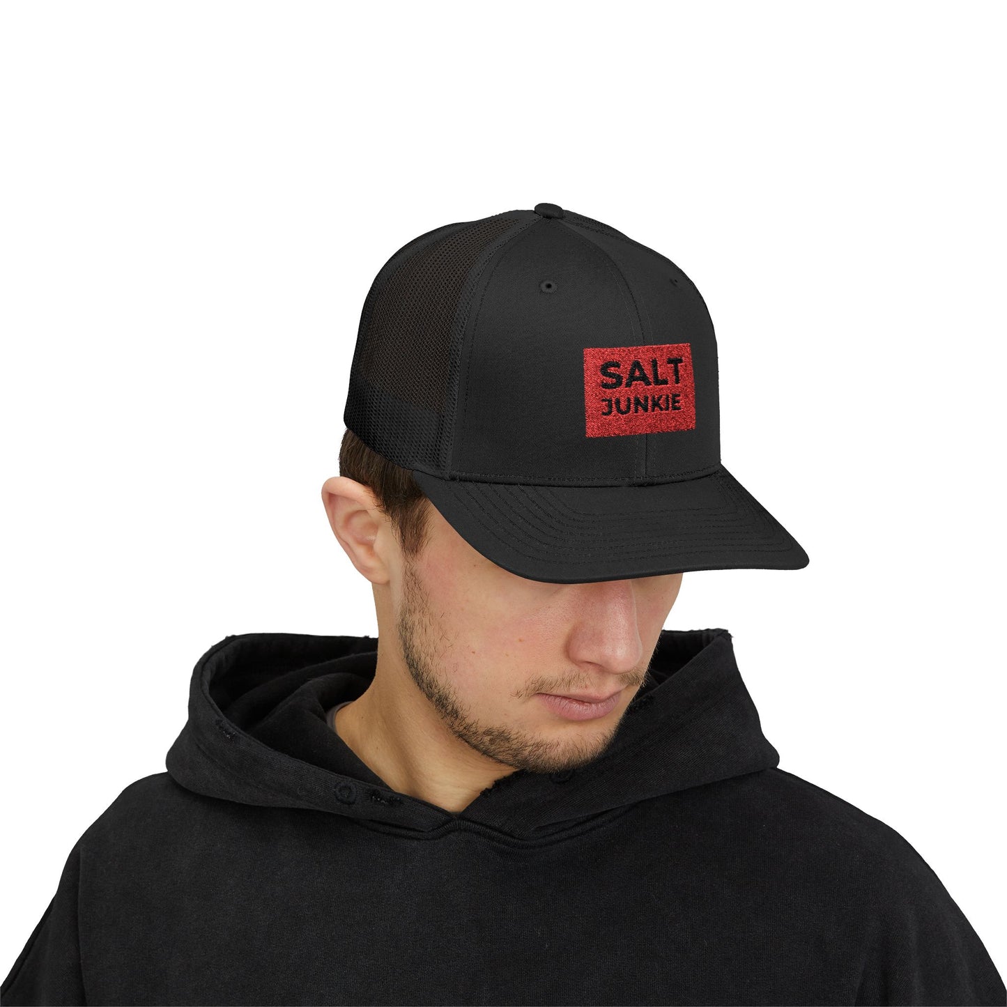 Glittery SALT JUNKIE Snapback Cap - Trendy Black Trucker Hat, Unique Outdoor Accessory, Perfect Gift for Adventure Lovers